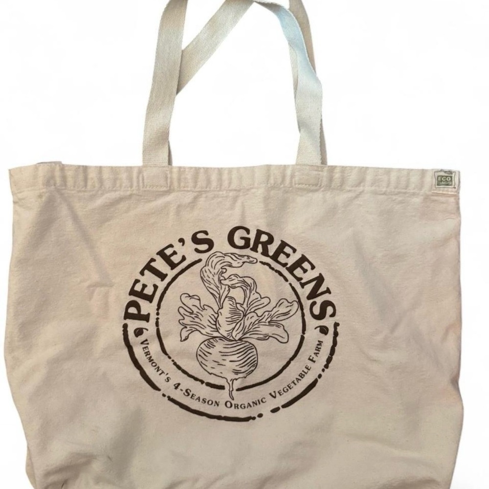 Pete's Greens tote bag. Clean, tiny spot on bottom. Eco Bags.